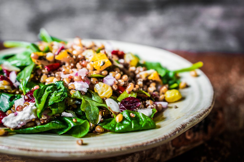 Quinoa salad with fresh figs, asparagus, and mint