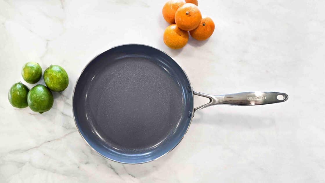 image of an overhead view of a GreenPan frypan from the Valencia Pro line in pro trained chef Laura Klein's kitchen on a marble countertop