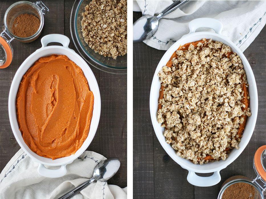 Image of side by side overhead view of sweet potato casserole one with just filling in a white non-toxic ceramic bakeware dish, and the other after the oat crumble is added.