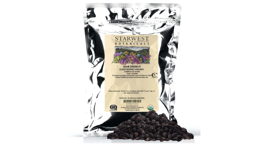 Image of bag of dried elderberries by Starwest Botanicals with white background and a small mound of elderberries piled in front of bag.