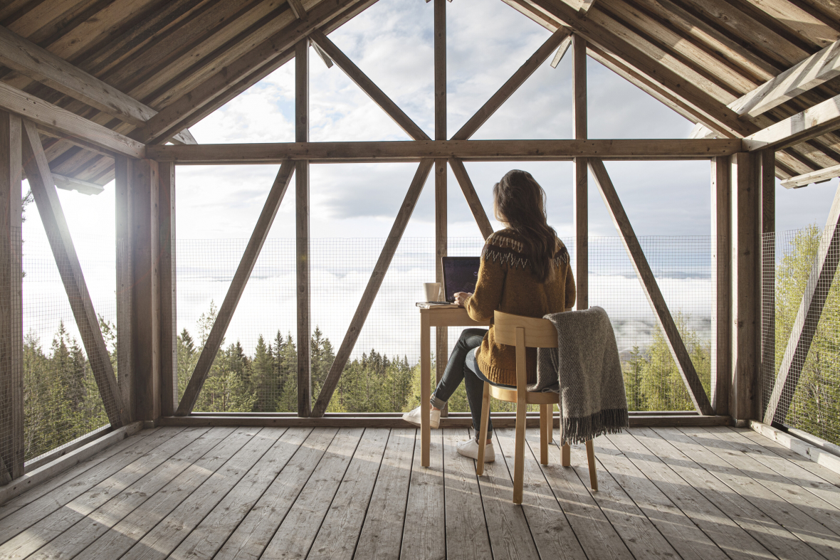 A woman typing on her laptop is sitting at a desk in a room with panoramic view of the treetops.