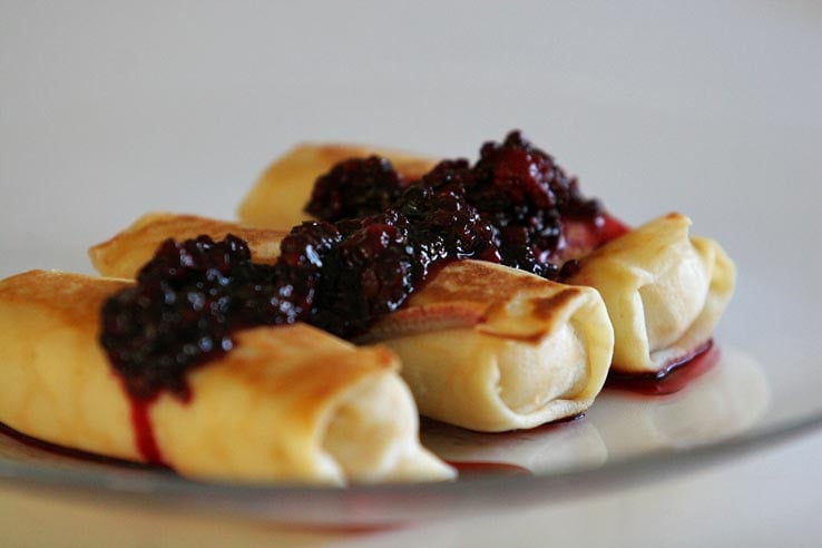 cheese blintzes with blackberries