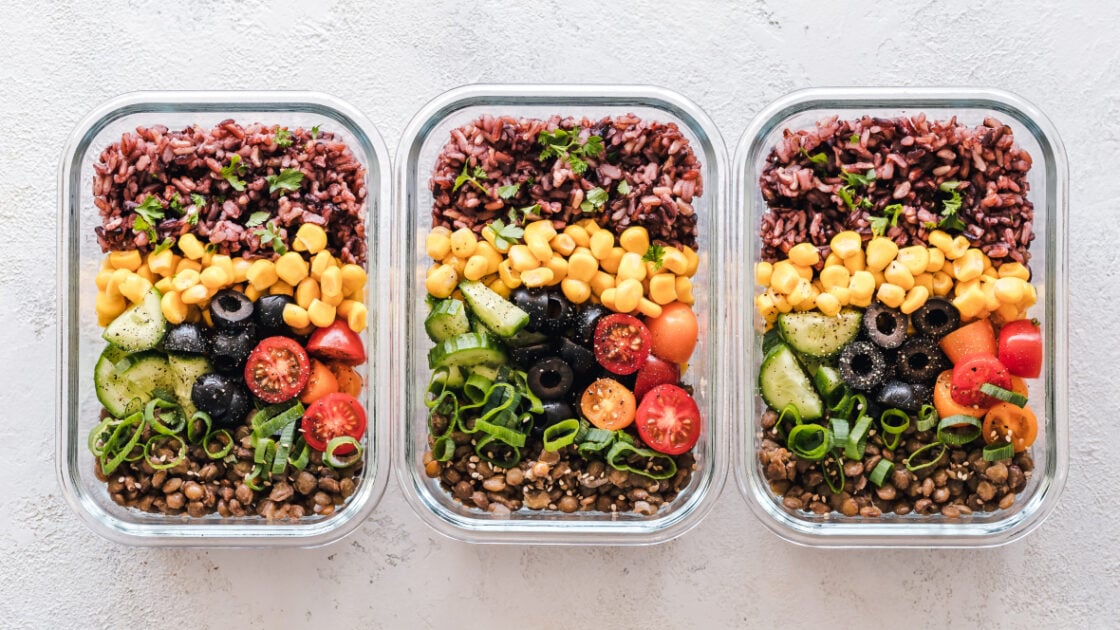 image of three glass storage containers full of plant-based meal prep showing that diet culture, even in regards to clean eating can be toxic via Organic Authority