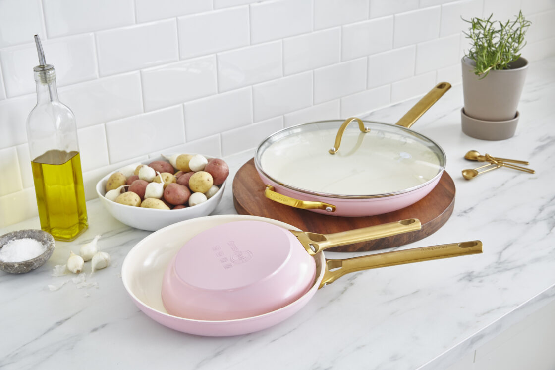 Pink ceramic GreenPan non-toxic pans on counter the pretty color stands out if you're looking for a colorful change, add this 5 stars product to your cart and get free shipping while you're at it before they're out of stock We've tested each and every one of these GreenPan cookware lines.