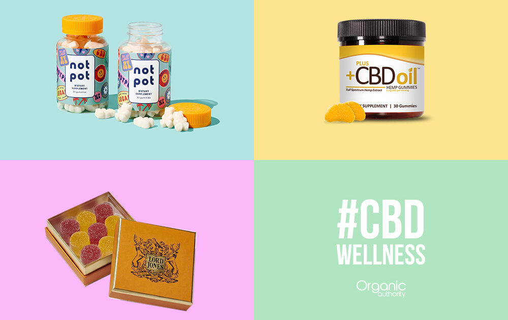 Image of graphic with 3 product shots with CBD gummies on a bright color blocks with "#CBD Wellness"Hack your daily anxiety with CBD gummies.