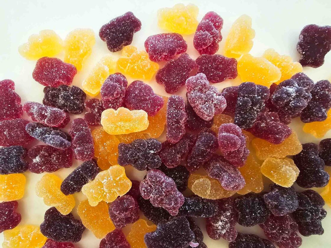 Image of colorful sugar-coated gummy children's probiotics. Based on our research, these have more sugar and less stable ingredients than chewable probiotic tablets.