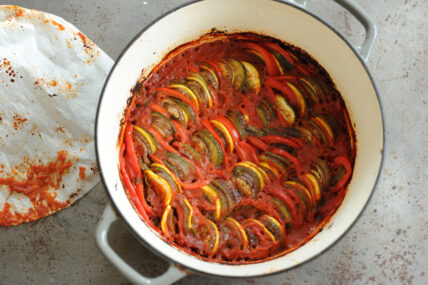 image of vegan ratatouille in a dutch oven.