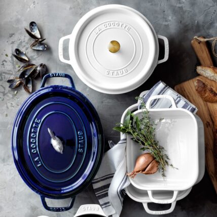 Staub Enameled Cast Iron in blue and white.