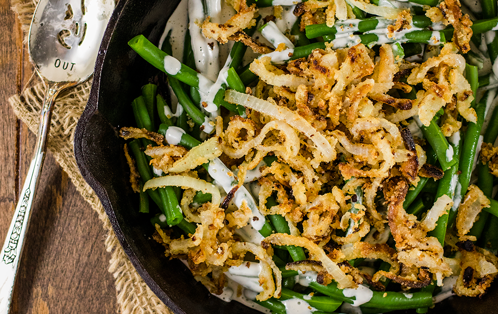 Vegan Green Bean Casserole with Gluten-Free Crispy Fried Onions