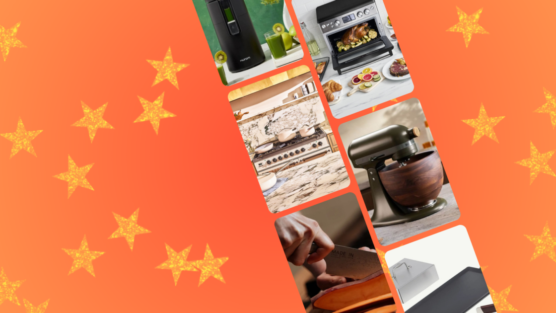 image of a collage of the best kitchen gifts for 2024 as chosen by a trained chef, including an air fryer, kitchen thermometer, juicer, and more all on a bright, festive orange background.