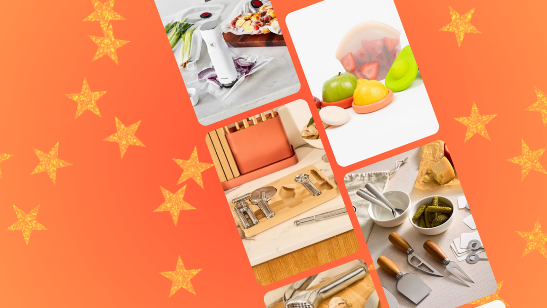 Bright image of a collage of kitchen gadgets for gifts on an orange background with sparkling stars including items like gadget sets and knives and charcuterie sets.