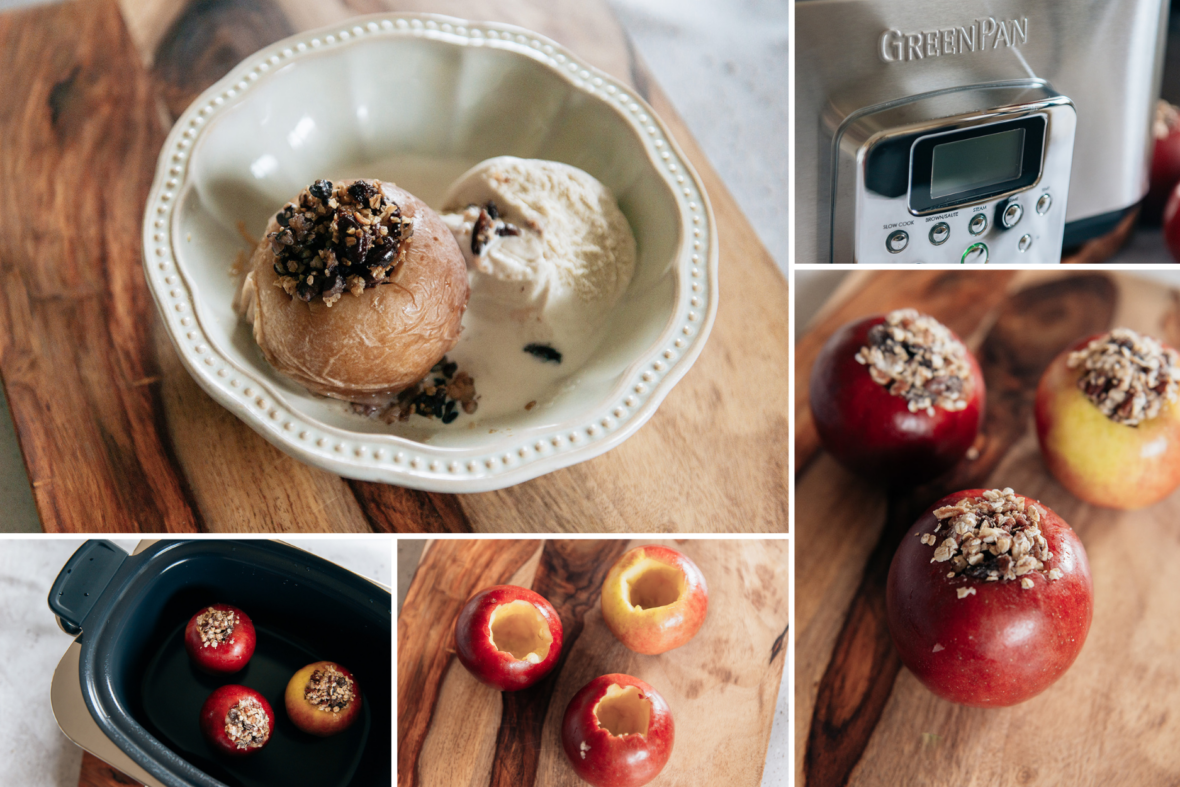 collage of images of slow cooker baked apples showing the different states of the recipe and how to make slow cooker spiced apples.